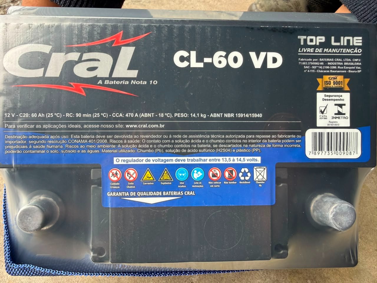 Etiqueta real da bateria Cral CL-60 VD Top Line na Codibac: CCA 470 A ABNT −18 °C, 60 Ah, RC 90 min, 14,1 kg